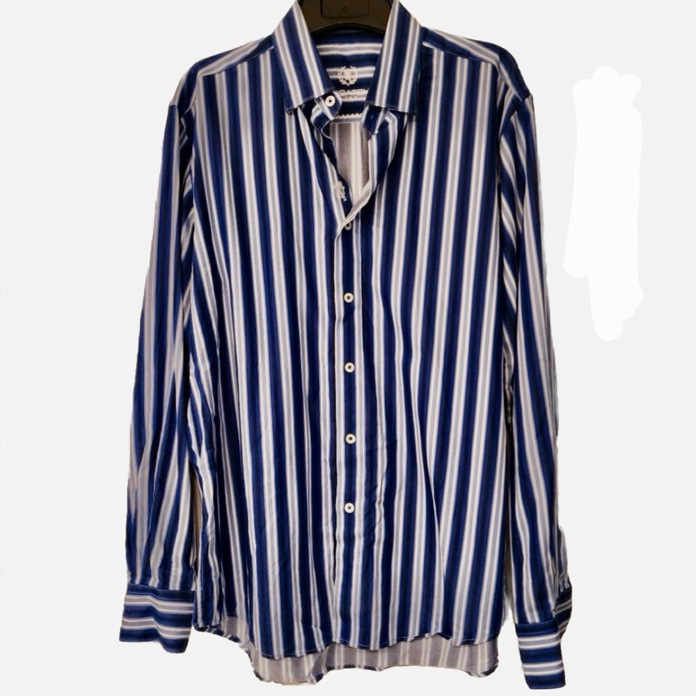 Bugatchi Uomo Shaped Fit Blue & White Stripe Men’s Buttom Down Size Medium - Picture 2 of 13